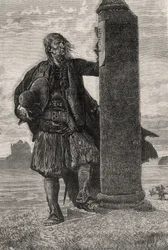 O marquês de Lantenac lê uma ordem para sua prisão em um pilar - ilustração de Quatre Vingt Treize, século XIX (gravura bw)